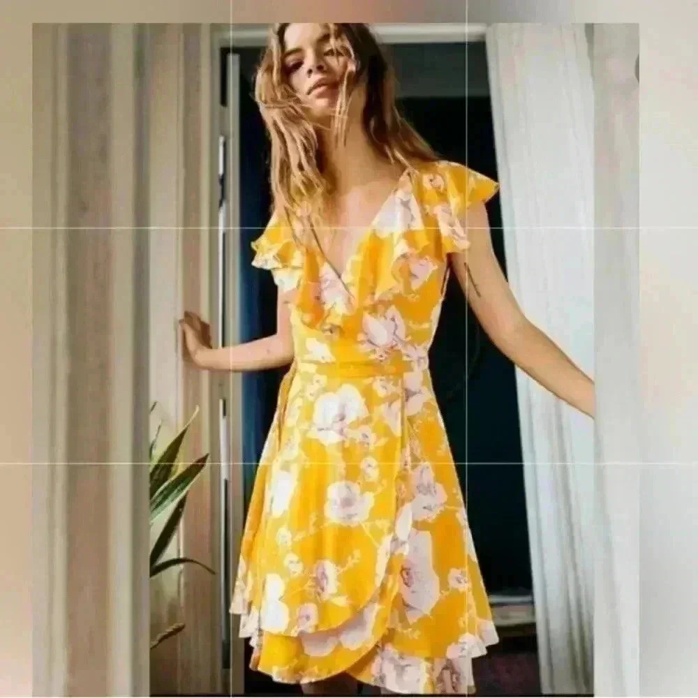 Free People French Quarter yellow floral Wrap Mini Dress size XS